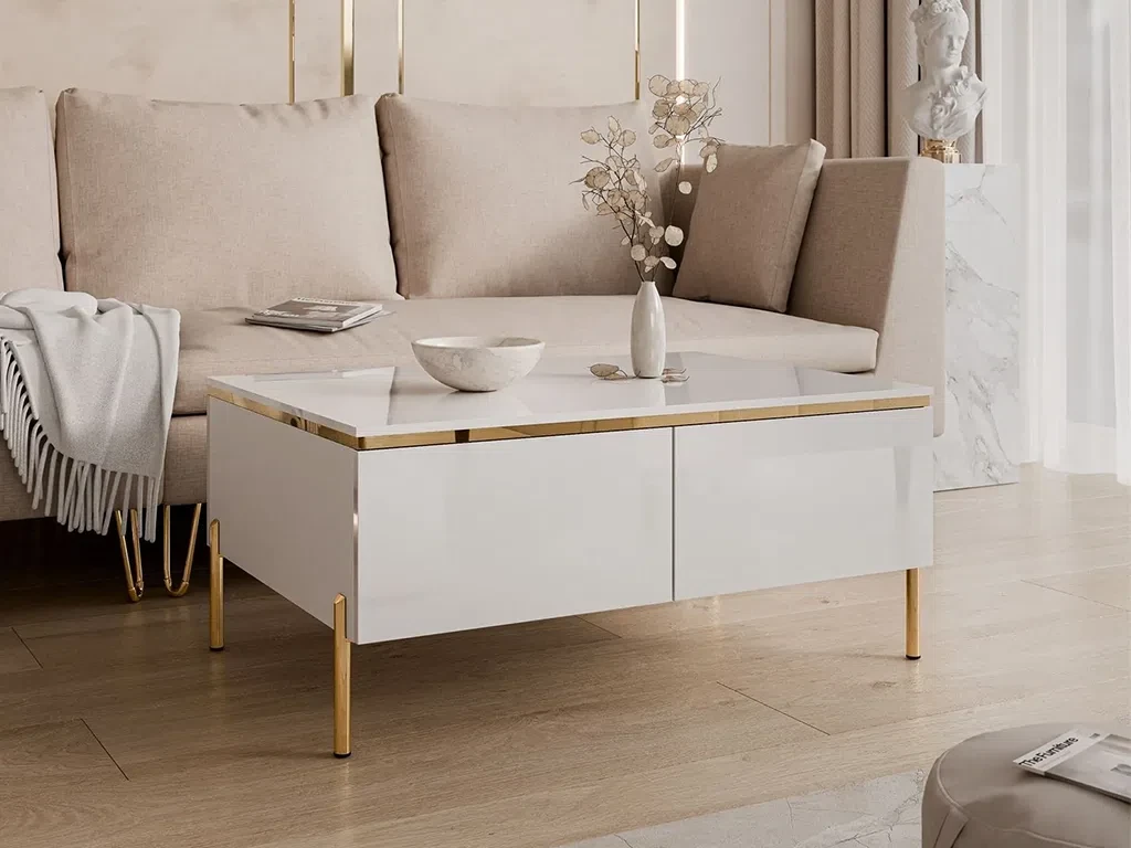 Кавовий столик на прямих ніжках Aurora Gloss (білий глянець/золотий), фото 1