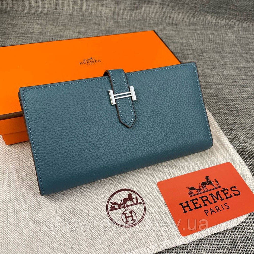 Жіночий блакитний шкіряний гаманець Hermes (H-5123) Lux