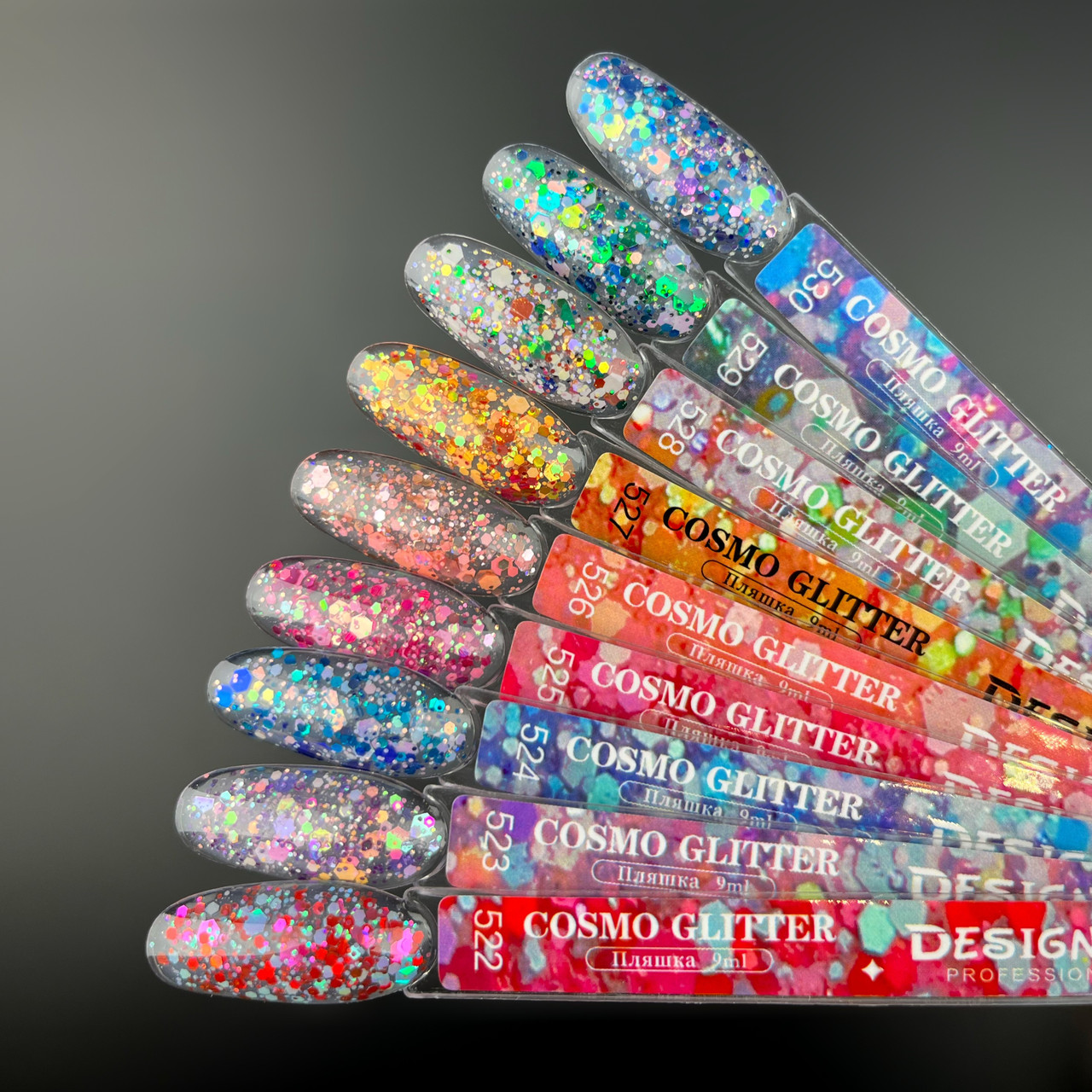 Демонстраційна палітра-віяло гель-лаків Cosmo Glitter Дизайнер (з різнокольоровим глітером різного розміру), фото 1