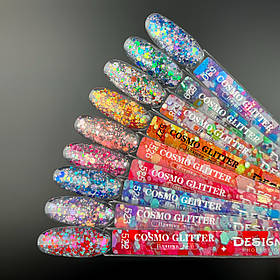 Демонстраційна палітра-віяло гель-лаків Cosmo Glitter Дизайнер (з різнокольоровим глітером різного розміру)