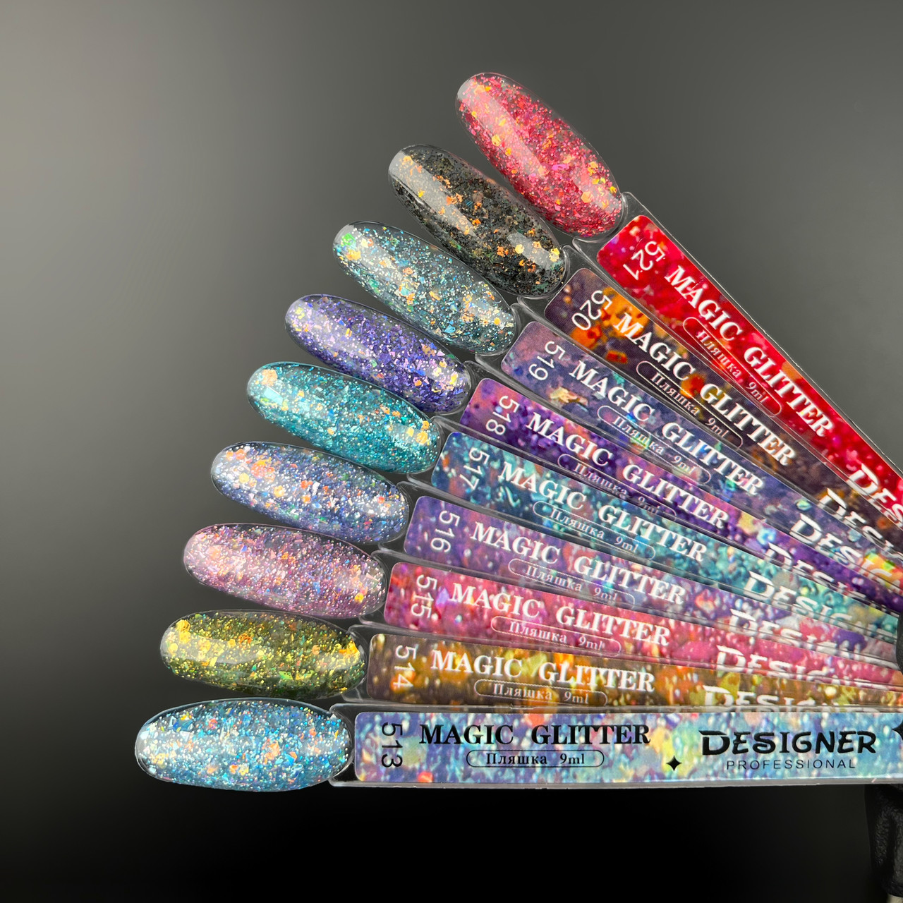 Демонстраційна палітра-віяло гель-лаків Magic glitter Дизайнер (з пластівцями хамелеон різного розміру)