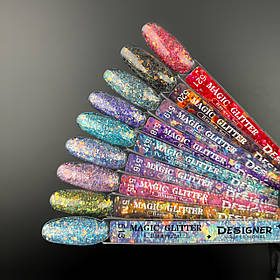 Демонстраційна палітра-віяло гель-лаків Magic glitter Дизайнер (з пластівцями хамелеон різного розміру)