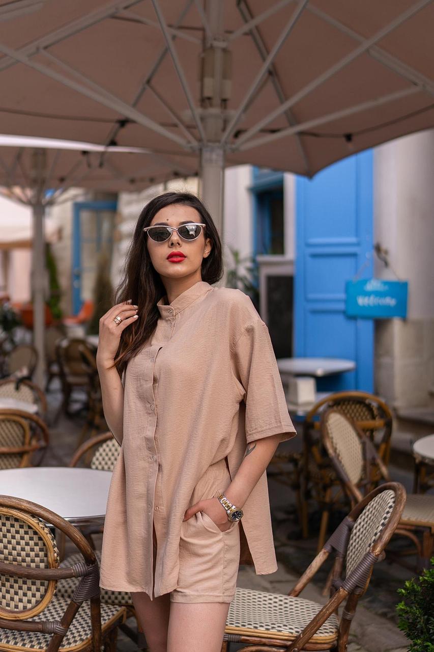 Жіночий літній костюм оверсайз Сорочка + Шорти бавовняний бежевий Костюм-двійка на літо, фото 1