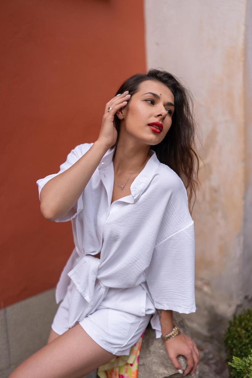 Жіночий літній костюм оверсайз Сорочка + Шорти бавовняний білий Костюм-двійка на літо, фото 1