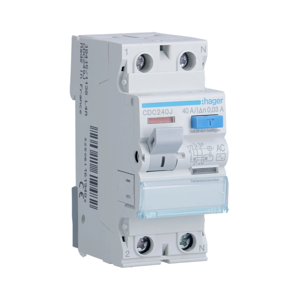 Вимикач диференційного струму (ПЗВ) Hager Тип AC 2P 30mA 40A CDC240J