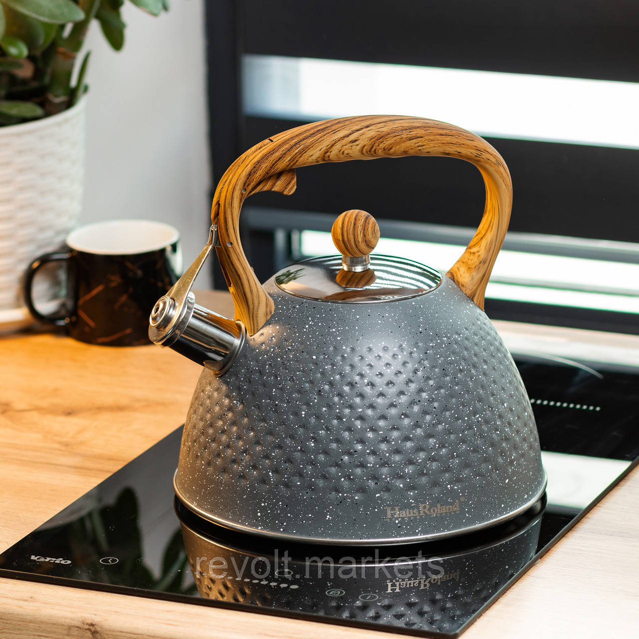 Чайник на 3 літри зі свистком, дерев'яна ручка, сірий, потрійне дно, фото 1