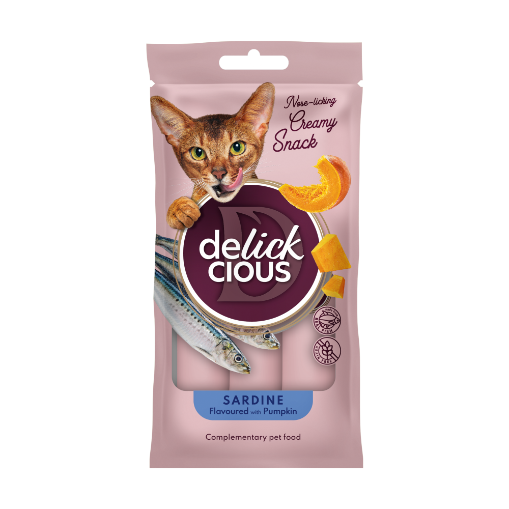 Кремові ласощі для котів Delickcious з сардиною та гарбузом (4шт х 15гр)