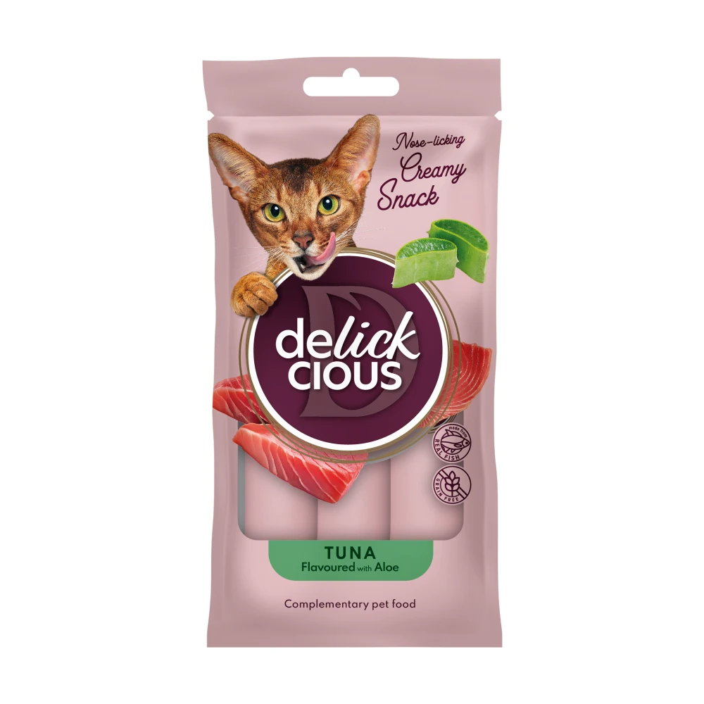 Кремові ласощі для котів Delickcious з тунцем та алое (4шт х 15гр)