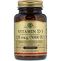 Вітамін D3 (холекальциферол), Vitamin D3, Solgar, 125 мкг (5000 МО), 100 гелевих капсул