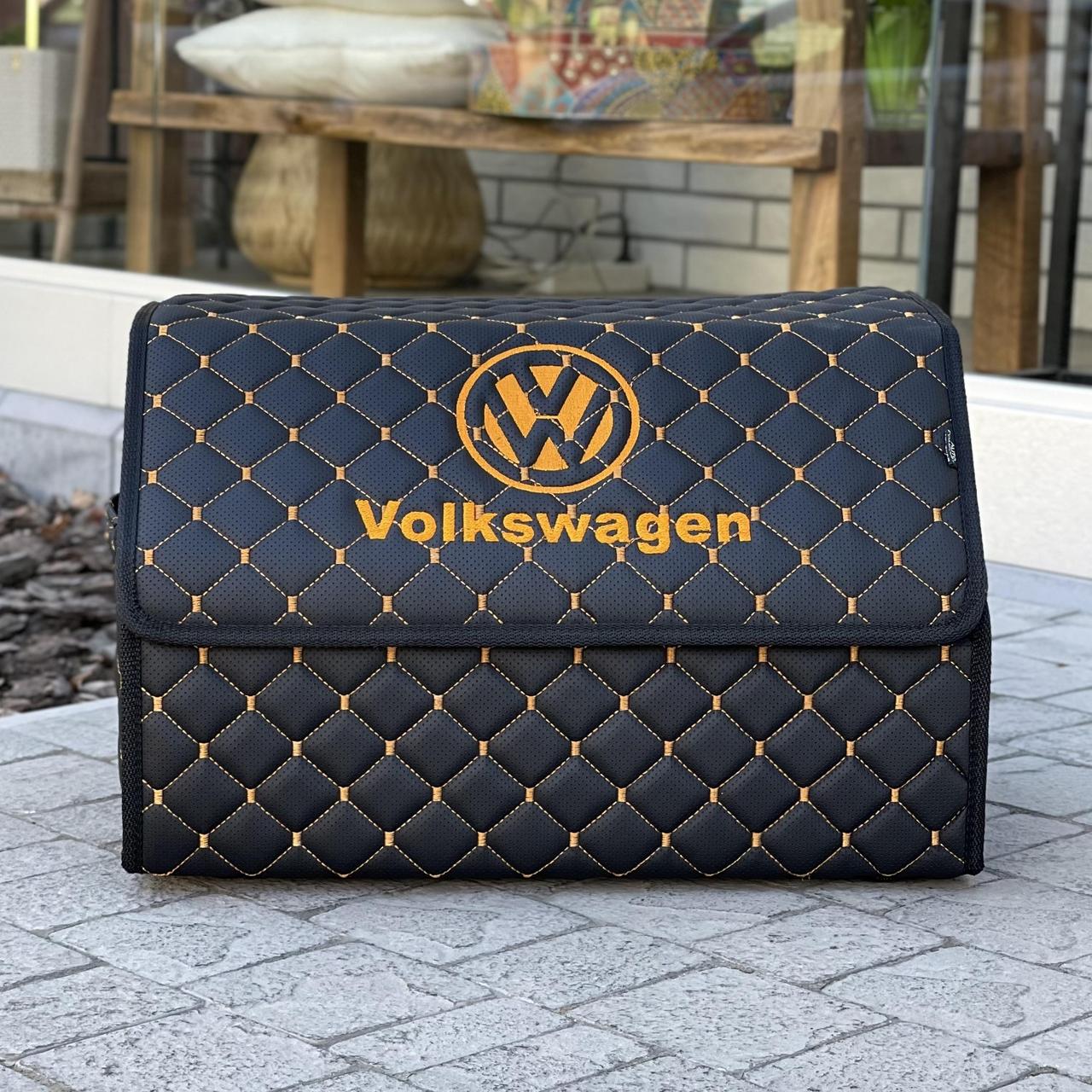 Органайзер у багажник з вишивкою Volkswagen, чорний з помаранчовою ниткою, 50 см, автомобільний органайзер в авто, фото 1