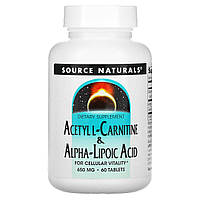 Ацетил карнітин + альфа-ліпоєва кислота, Acetyl L-Carnitine & Alpha Lipoic Acid, Source Naturals, 650 мг, 60 таблеток