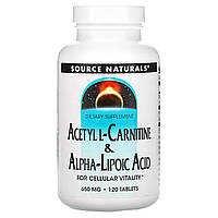 Ацетил карнітин + альфа-ліпоєва кислота, Acetyl L-Carnitine & Alpha-Lipoic Acid, Source Naturals, 650 мг, 120 таблеток