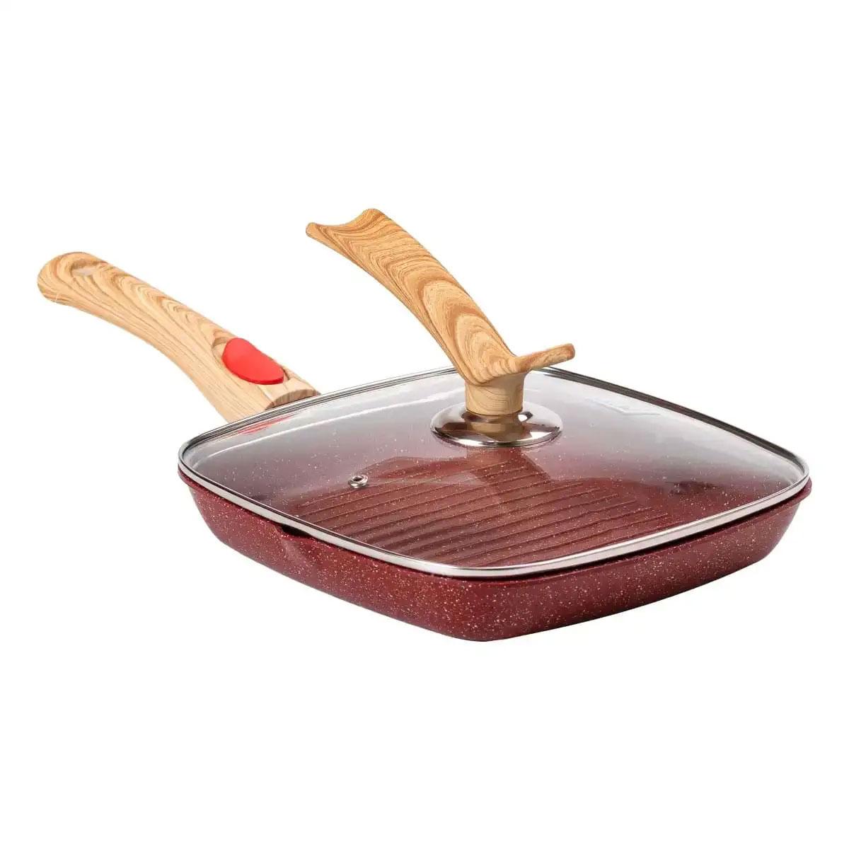 Алюмінієва сковорода-гриль 24 см зі скляною кришкою Square Red MGC, фото 1