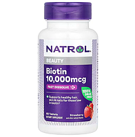 Біотин, Biotin, Natrol, полуниця, 10000 мкг, 60 таблеток