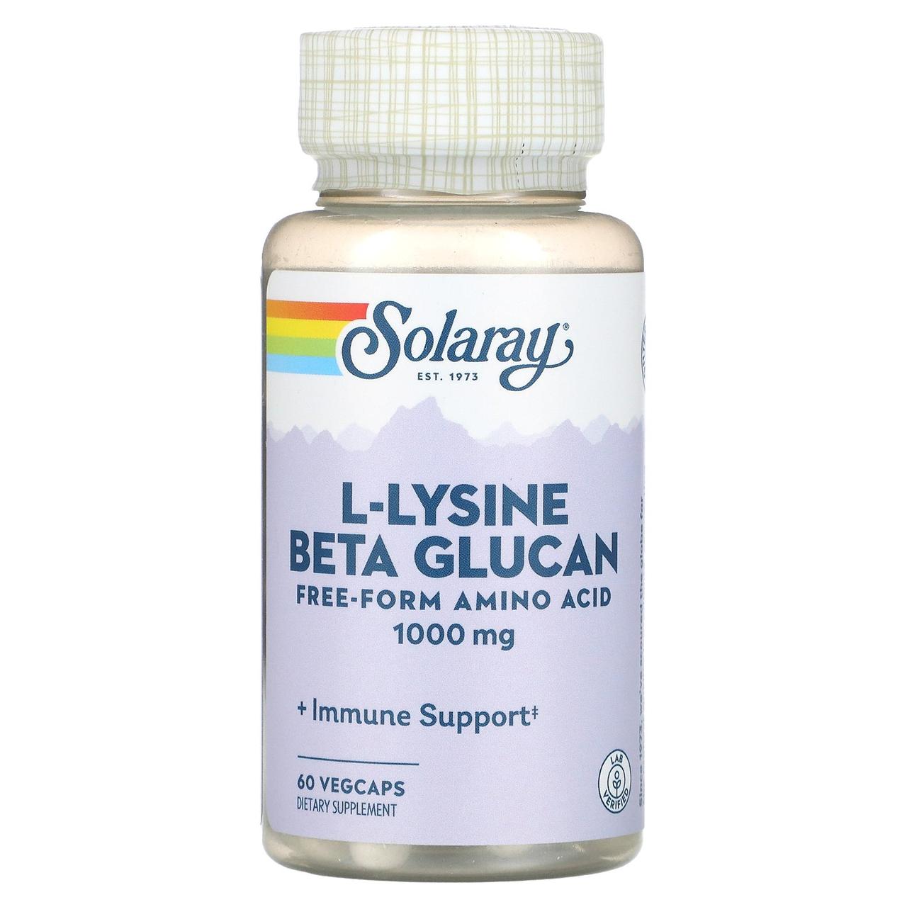 Лізин і бета-глюкан, L-Lysine & Beta Glucan, Solaray, 1000 мг, 60 капсул, фото 1