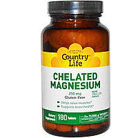 Магній хелат, Chelated Magnesium, Country Life, 250 мг, 180 таблеток