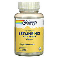 Бетаїн HCl + пепсин, Betaine HCL with Pepsin, Solaray, високоефективний, 650 мг, 100 вегетаріанських капсул