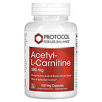 Ацетил-L-карнітин, Acetyl-L-Carnitine, Protocol for Life Balance, 500 мг, 100 веганських капсул