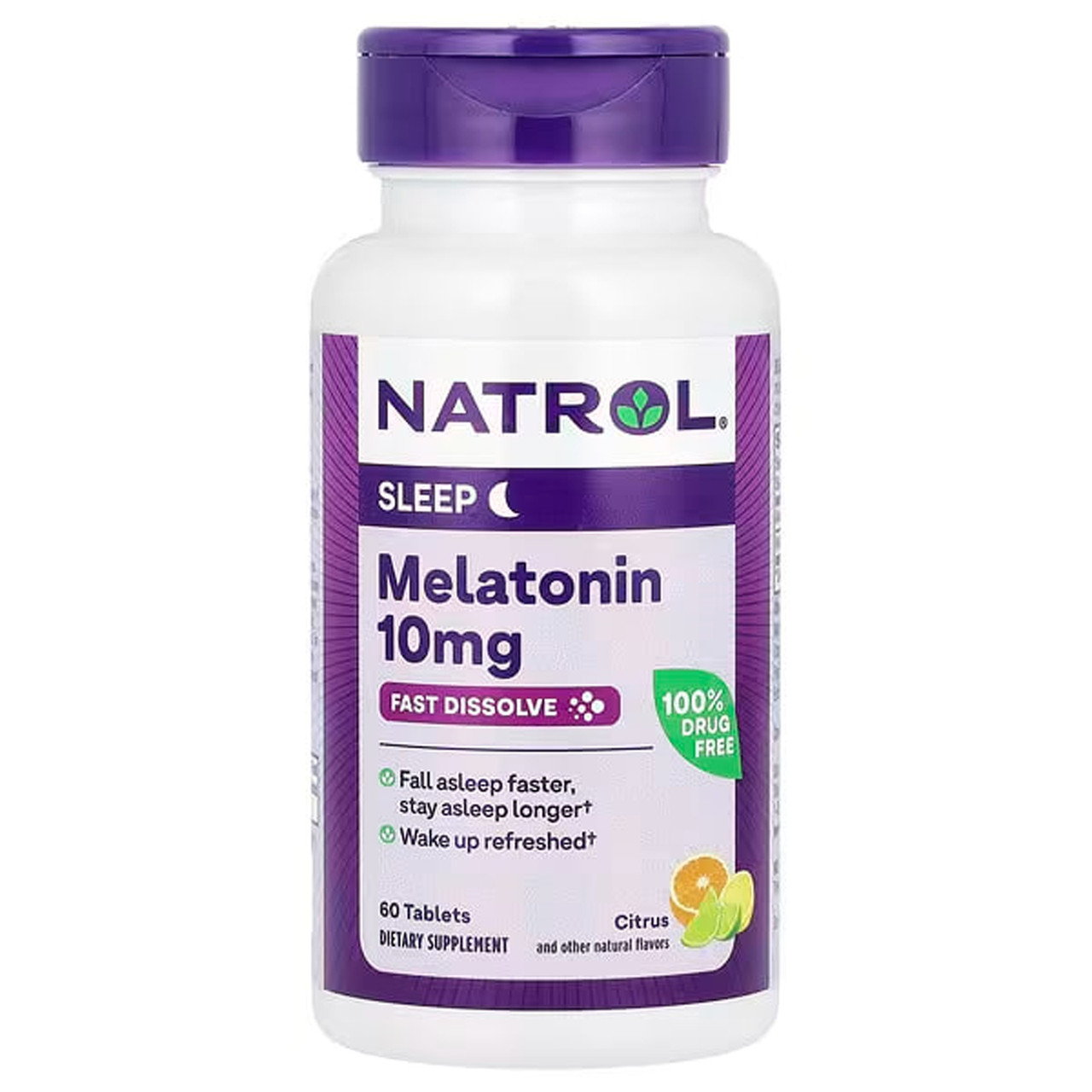 Мелатонін, Melatonin, Natrol, швидкорозчинний, максимальна сила, цитрусовий, 10 мг, 60 таблеток для розсмоктування, фото 1