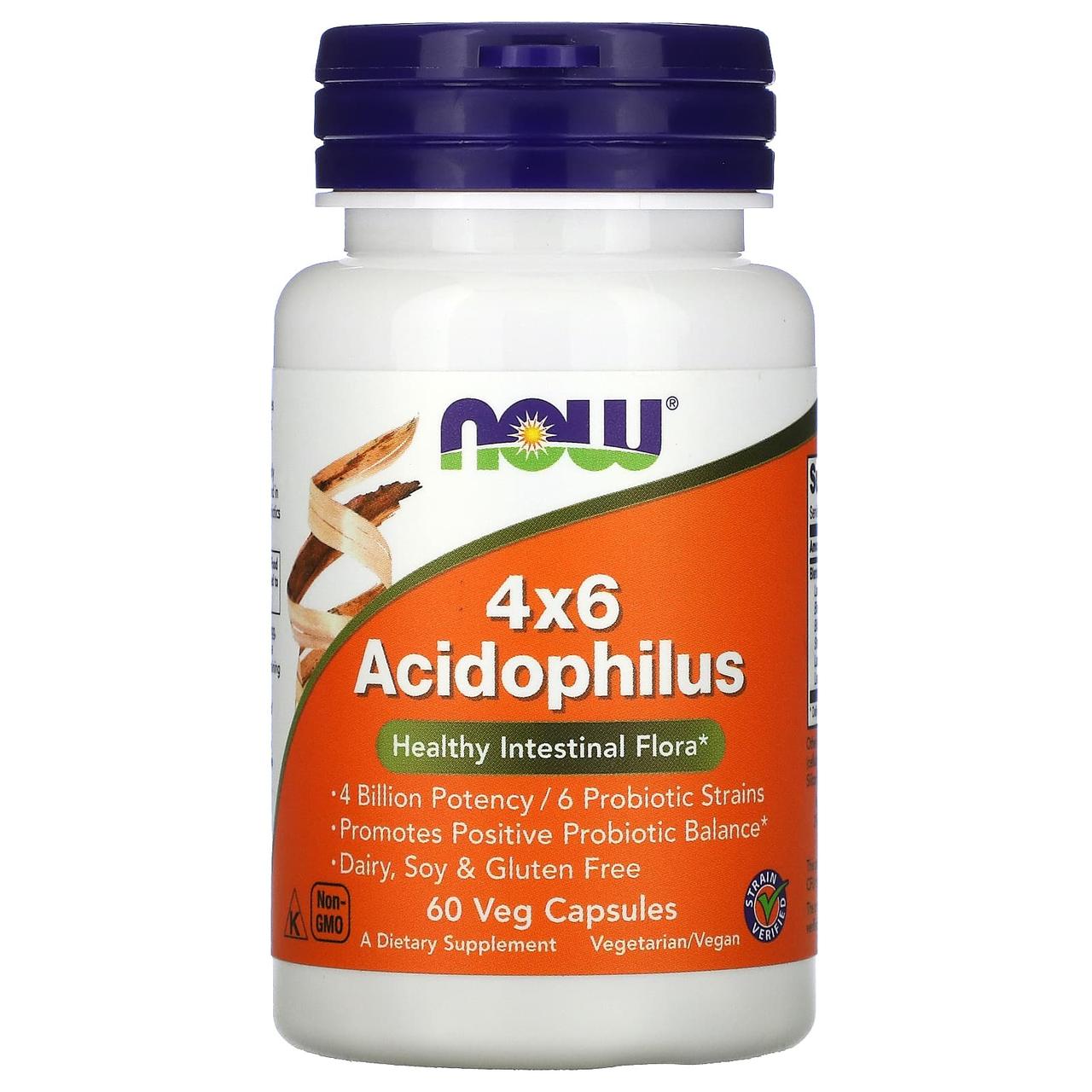 Пробіотики, 4x6 Acidophilus, Now Foods, 60 рослинних капсул, фото 1