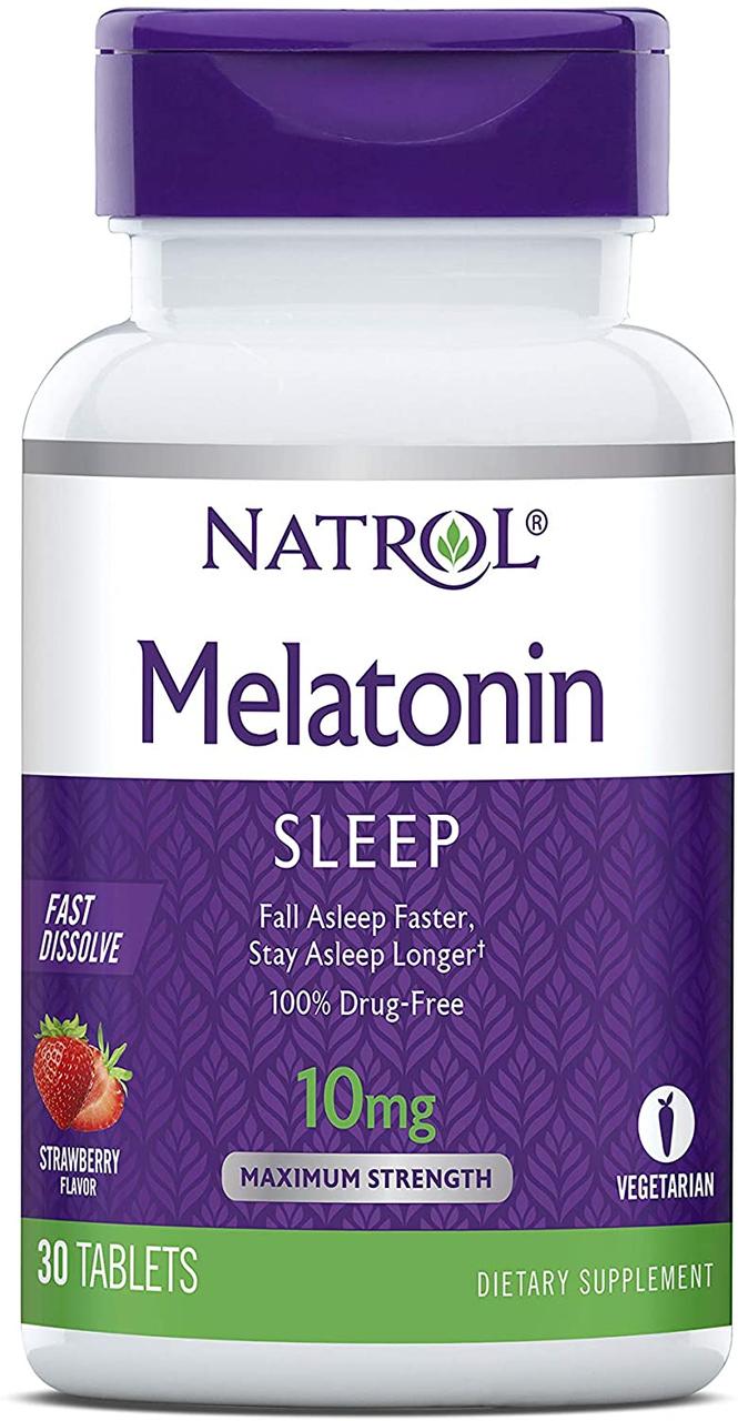 Мелатонін, Melatonin, Natrol, швидкорозчинний, смак полуниці, 10 мг, 30 таблеток, фото 1