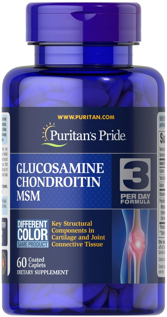Глюкозамін хондроїтин і МСМ, Glucosamine, Chondroitin & MSM-3 Per Day Formula, Puritan's Pride, 60 каплет, фото 1