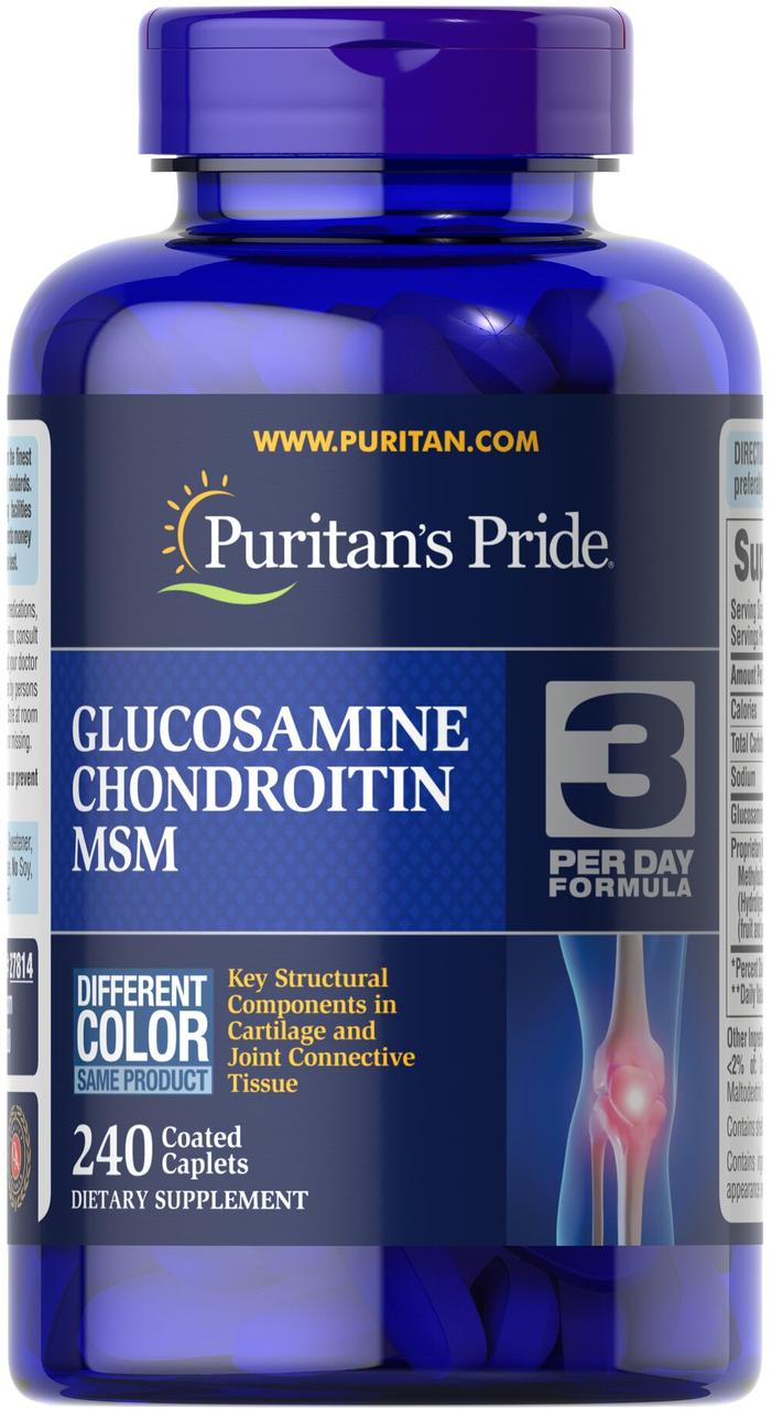 Глюкозамін хондроїтин і МСМ, Glucosamine, Chondroitin & MSM -3 Per Day Formula, Puritan's Pride, 240 каплет, фото 1