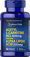 Ацетил-L-карнітин з альфа-ліпоєвою кислотою, Acetyl L-Carnitine with Alpha Lipoic Acid, Puritan's Pride, 400 мг/200 мг, 60 капсул