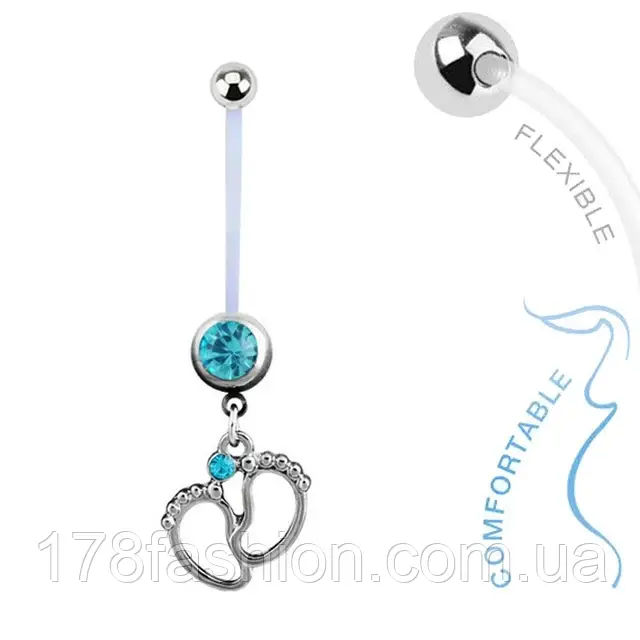Пірсинг пупка з біофлексу з гнучкою штангою для вагітних, блакитні каміння, фото 1