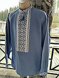 Вишиванка чоловіча ручної роботи вишита блакитна домоткане полотно  довгий рукав розмір 52, фото 2