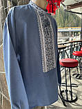Вишиванка чоловіча ручної роботи вишита блакитна домоткане полотно  довгий рукав розмір 52, фото 3
