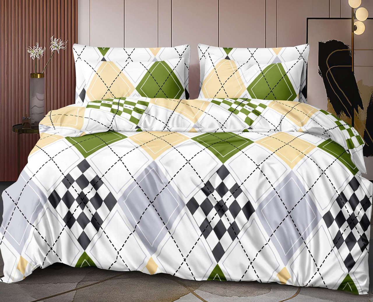 Підковдра на блискавці 145х215 (Ранфорс) | Полуторна підковдра від виробника "Королева Ночі" | Різнокольорові ромби на білому, фото 1