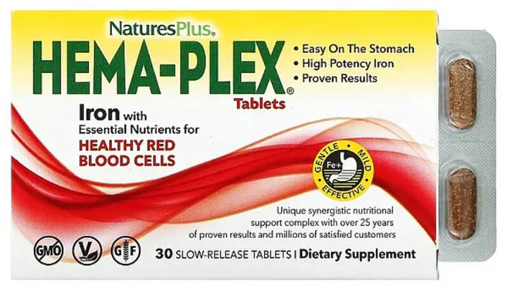 Комплек вітамінів та мінералів с залізом Natures Plus Hema-Plex Iron 30 таб, фото 1