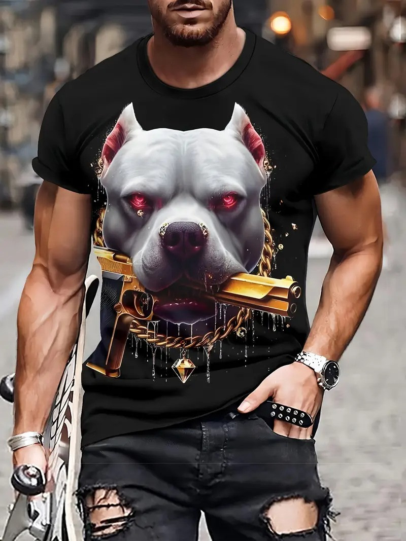 Чоловіча футболка для військових із 3D принтом пітбультер’єра з золотим пістолетом розмір XXL (UA 56), фото 1
