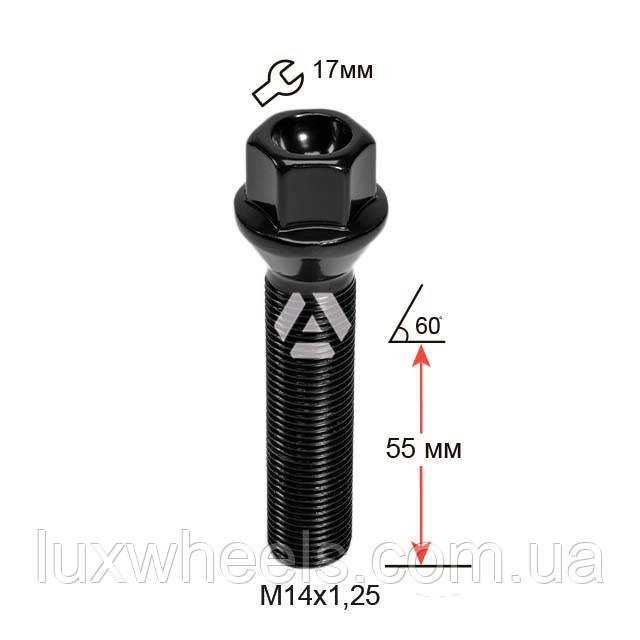Болт колісний A177216 BK M14х1,25х55мм Конус (BMW, Mini) Чорний Ключ 17 мм Подовжений