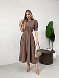 Кавове приталене плаття міді на ґудзиках рукав ліхтарик, фото 4