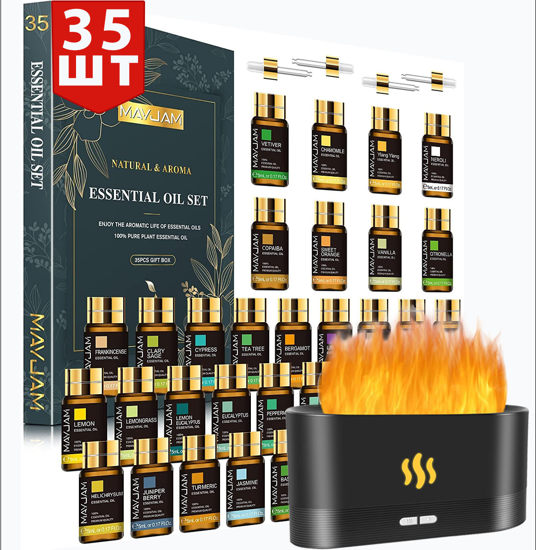Ефірна Олія Premium Essential Oils MAYJAM 35 шт х 5 мл та Аромадифузор з ефектом полум'я