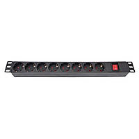 Блок розеток Atcom 1U 19" (PDU-8W-C2С-WS) 8 розеток, з вимикачем, ал. корпус, німецький тип, 2,0 м, чорний