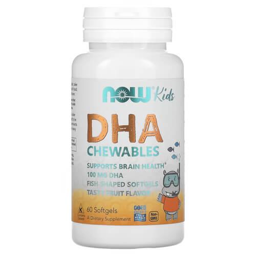 Омега 3 для дітей, NOW Kid's Chewable DHA 60 рідких капсул