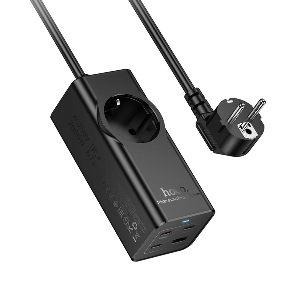 Мережевий зарядний пристрій подовжувач Hoco NS9 USB/ 3 Type-C PD 67 W 1 розетка 2m black, фото 1