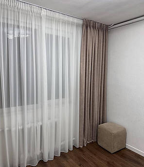 Тюль готовий до зали, турецький білий шифон на тасьмі "олівець"