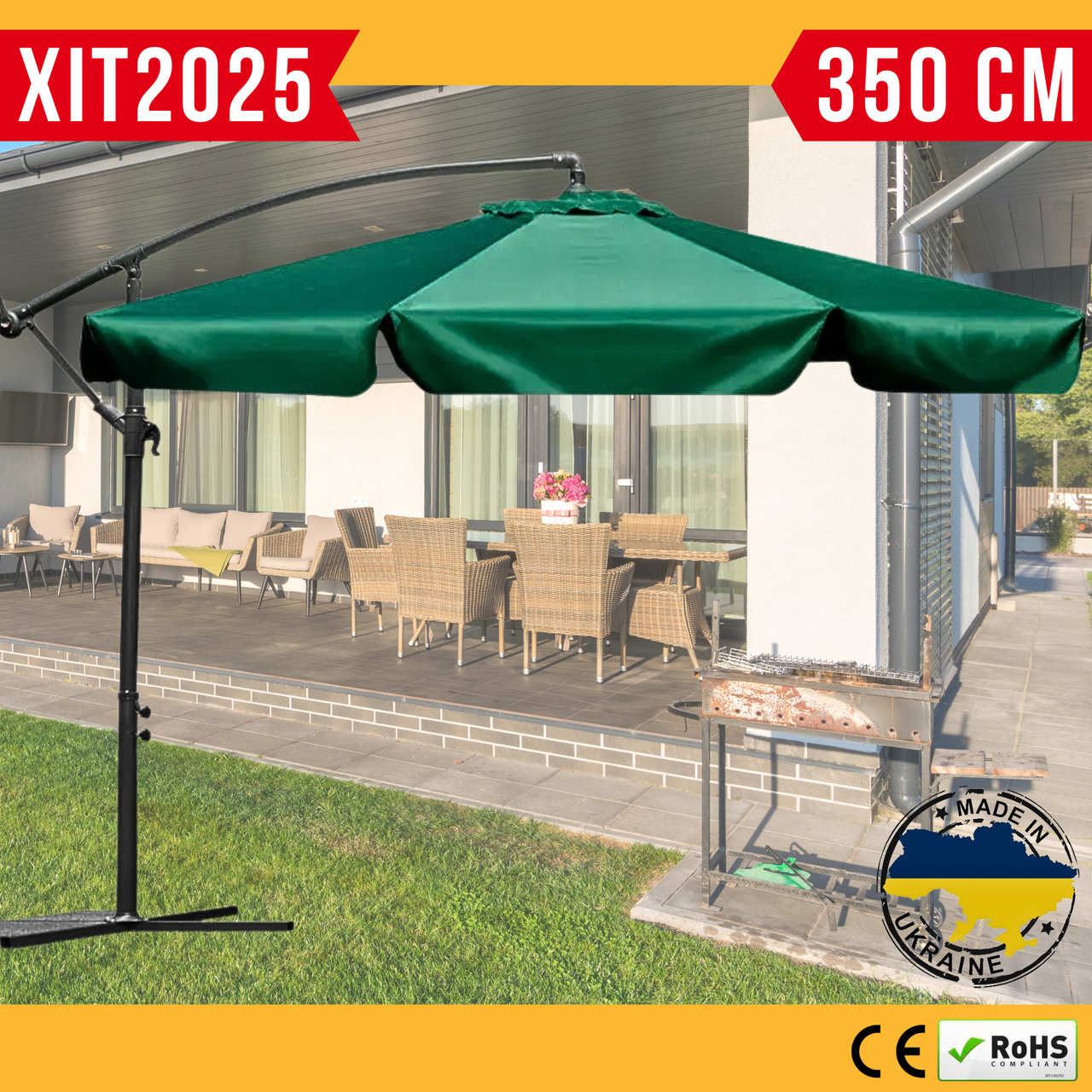 Велика Садова Парасолька 300 см Зелена для Дачі та Саду на Бічній Стійці Розкладна Вулична Парасолька 3 м з Нахилом Bonro Green