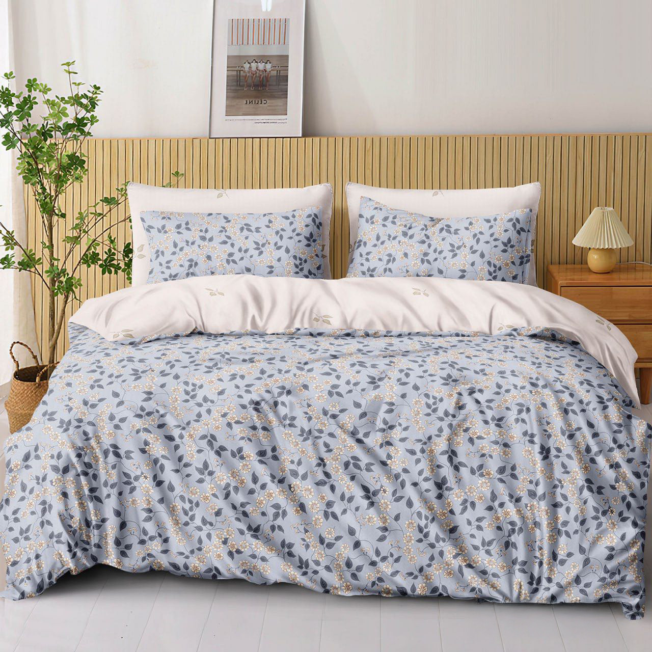 Наволочка на блискавці 70х70 (Сатин) | Від виробника "Королева Ночі" | Рослини на сірому та бежевому, фото 1