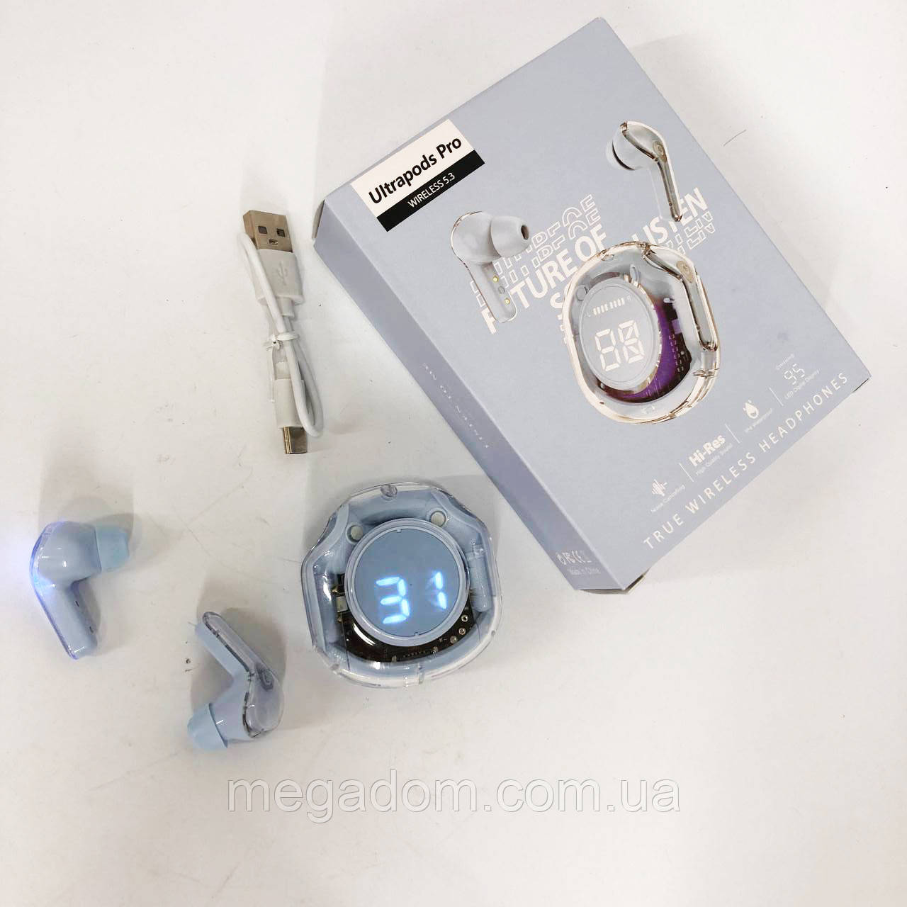 Бездротові навушники TWS T8 PRO з прозорим кейсом Вакуумний LED дисплей Bluetooth 5.3. HI-214 Колір: блакитний