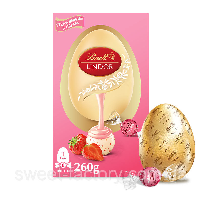 Шоколадне яйце Lindt Lindor Strawberries Cream White Chocolate Easter Egg 260g, фото 1