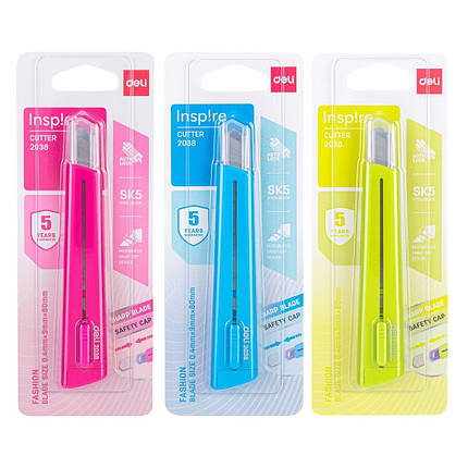 Ніж канцелярський Deli 2038 мікс 9-мм пластик корпус, захисний ковпачок, фото 2