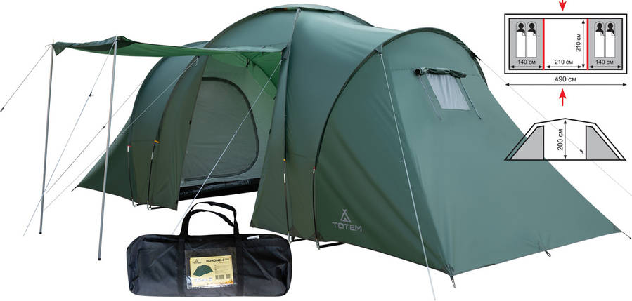 Чотиримісний намет Totem Hurone 4 v2 | Простора двокімнатна кемпінгова палатка з великим зручним тамбуром та двома входами, фото 1
