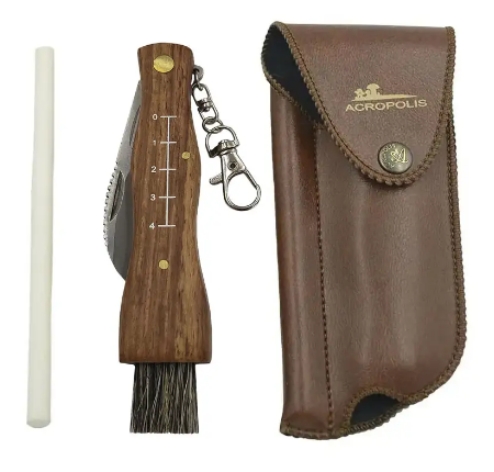 Набір подарунковий складний ніж грибника з дерев'яною ручкою, точилка для ножа в шкіряному футлярі з карабіном, фото 1