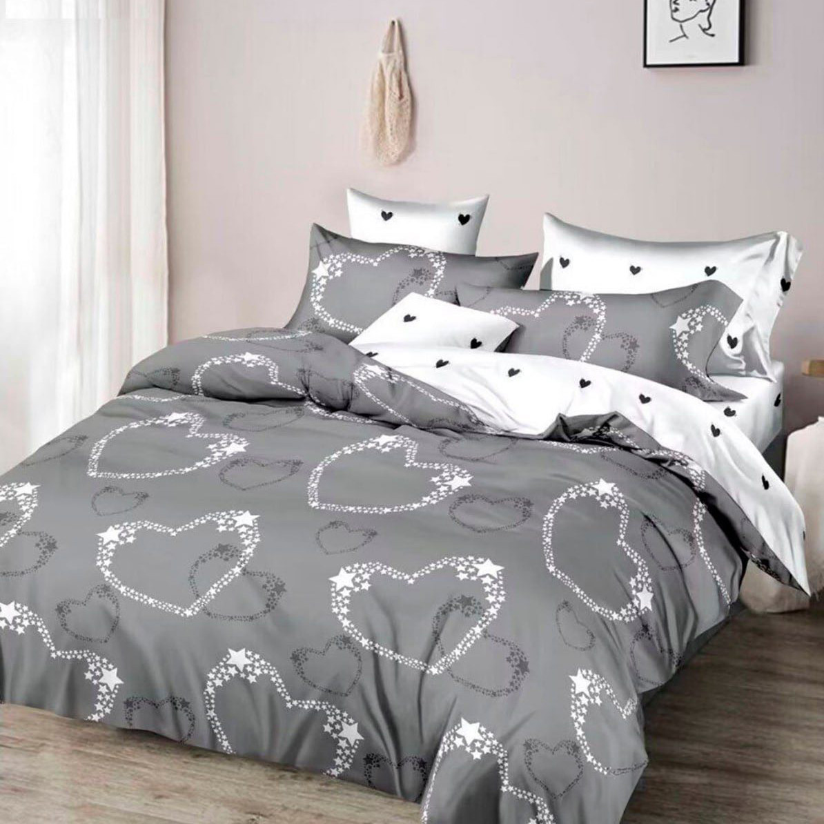 Наволочка на блискавці 70х70 (Сатин) | Від виробника "Королева Ночі" | Серця на сірому та білому, фото 1