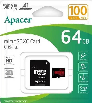 Карта пам'яті Apacer microSDHC UHS-I 64GB R100 V10 A1 + SD adapter, флешка пам'яті мікро sd + адаптер, фото 2